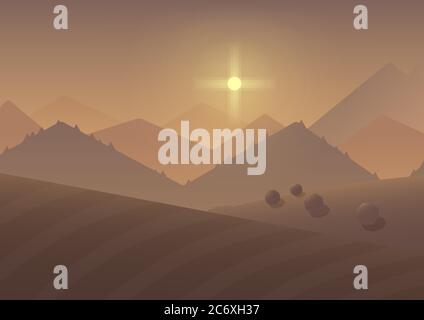 Cartoon sunrise Mountain Landscape Background with trees and fields Stock Vector