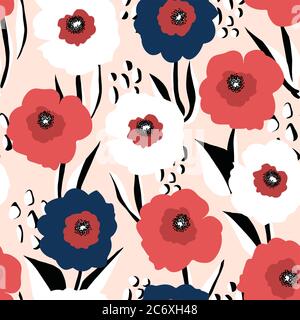 Seamless vector background large red white and blue florals. Repeating poppy flower background Scandinavian style. Use for fabric, wallpaper, 4th of Stock Vector