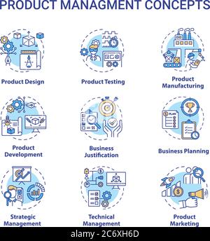 Product management concept icons set. Marketing strategy. Sales plan. Business development idea thin line RGB color illustrations. Vector isolated out Stock Vector