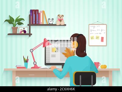 Pretty female designer working with colors at home. Young woman working in office, sitting at desk, using computer laptop with graphic interface Stock Vector