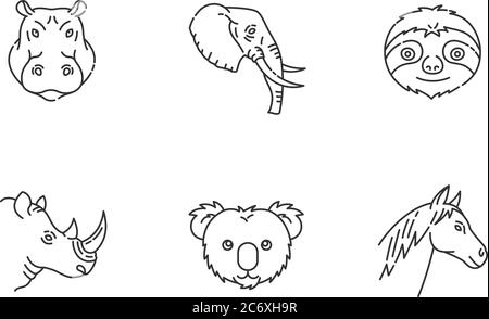 Animal heads pixel perfect linear icons set. Exotic mammals, tropical fauna customizable thin line contour symbols. Different animals muzzles. Isolate Stock Vector