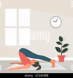 Female Yoga in Flat Style. Vector Illustration of Beautiful Cartoon Woman in Halasana Pose of Yoga. Home Sports Concept Stock Vector
