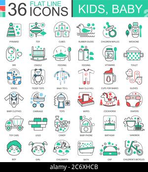 Vector Baby kids flat line outline icons for apps and web design. Baby kid icon Stock Vector