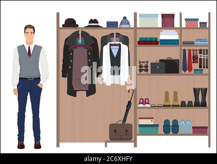Stylish man and man s wardrobe. Vector Men's dressing room design. Clothes and shoes on hangers Stock Vector