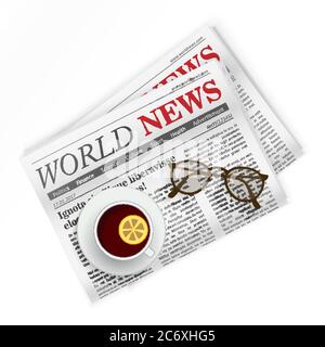 Newspaper, coffee and sunglasses. World news. Regional newspapers news Stock Vector
