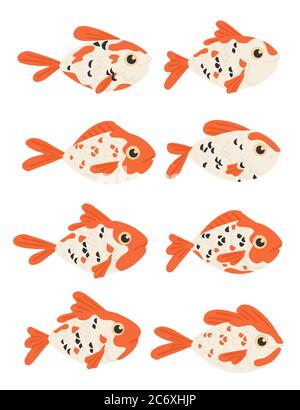 Set of eight orange and white colored fish koi carp cartoon animal design flat vector illustration isolated on white background Stock Vector
