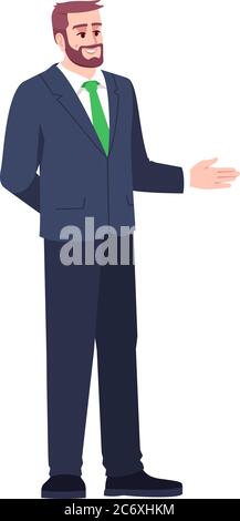 Bank representative semi flat RGB color vector illustration. Marketing professional. Businessman hold hand for handshake. Advisor for commerce. Financ Stock Vector