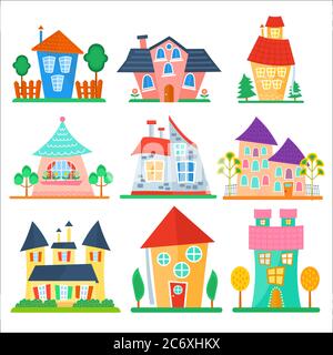 Cute cartoon houses collection. Funny colorful kid vector house set Stock Vector