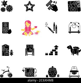 Childhood toys black glyph icons set on white space. Educational toys for children early development. Dollhouse.Tricycle and baby walker. Silhouette s Stock Vector