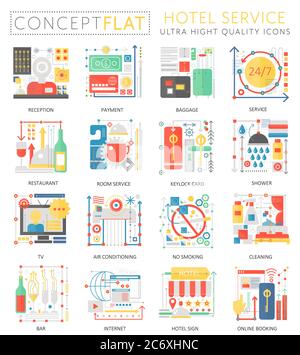 Infographics mini concept green Hotel service icons for web. Premium quality color conceptual flat design web graphics icons elements. Hotel service technology concepts Stock Vector