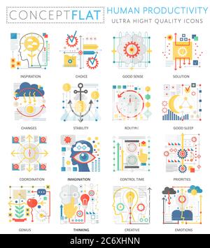 Infographics mini concept Human productivity icons for web. Premium quality color conceptual flat design web graphics icons elements. Human productivity concepts Stock Vector