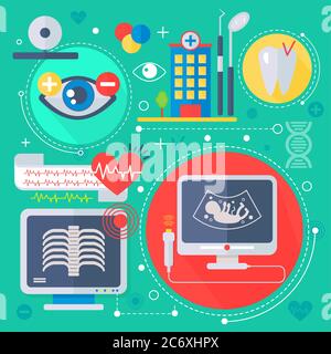 Modern Medicine and healthcare services flat concept. Medical pharmacy technology diagnostics infographics design, web elements, poster banners Stock Vector
