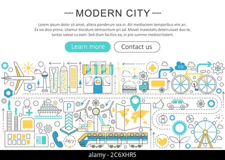 Vector modern line flat design Modern smart city concept. Modern smart city icons Website Header, app design poster banner Stock Vector