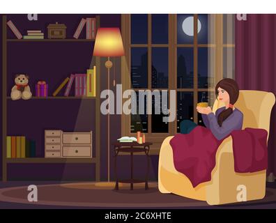 Young woman at home sitting in soft chear relaxing in her living room and drinking coffee or tea. Girl rests in night interior Stock Vector