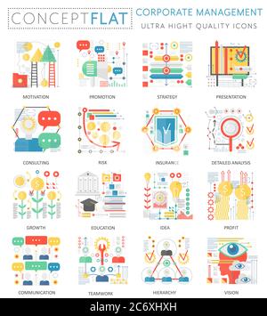 Infographics mini concept corporate managment icons for web. Premium quality color conceptual flat design web graphics icons elements. corporate managment tools concepts Stock Vector