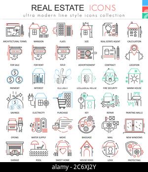 Vector Real estates color line outline icons for apps and web design. Real estates icons Stock Vector