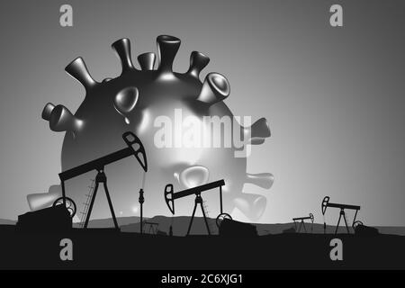 Oil pumps on background of the sun in shape of cronavirus.  Impact of  covid-19 on oil and gas market. 3d render. Stock Photo