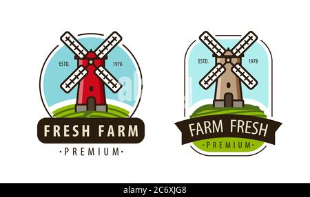 Farm fresh logo or label. Agriculture, windmill vector illustration Stock Vector