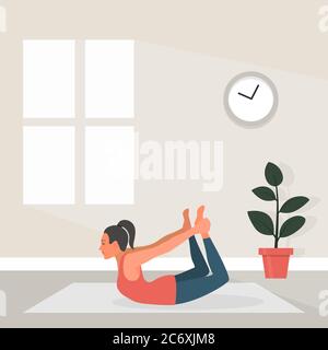 Female Yoga in Flat Style. Vector Illustration of Beautiful Cartoon Woman in Dhanurasana Pose of Yoga. Home Sports Concept Stock Vector