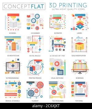 Infographics mini concept 3d printing technology icons for web. Premium quality color conceptual flat design web graphics icons elements. 3d printing concepts Stock Vector