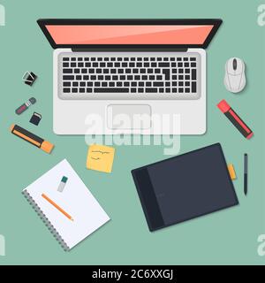 Realistic technology workplace organization. Top view of color work desk with laptop, smartphone, tablet pc, diary, glasses and tablets Stock Vector