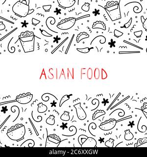 Hand drawn set of Asian food elements, wok, ramen, noodle, soy. Doodle sketch style. Asian food element drawn by digital pen. Vector illustration for menu, frame, recipe design. Stock Vector