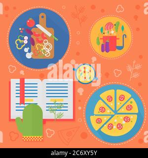 Modern cooking love flat concept. Kitchen tools and cooking food infographics design, web elements, poster banners Stock Vector