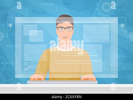 Man software engineer concept with design, optimization, responsive and developer solutions. Coder Engineer working with programm code on virtual screen Stock Vector