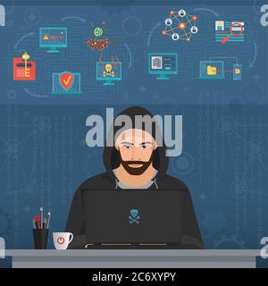 Hacker man hacking secret data on the laptop. Icon set. Modern transperance flat vector illustration Stock Vector