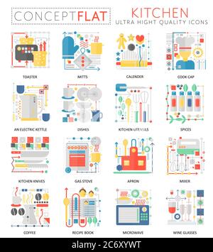 Infographics mini concept Kitchen tools icons for web. Premium quality color conceptual flat design web graphics icons elements. Kitchen concepts Stock Vector