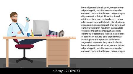 Successful businessman having rest on workplace in office. Vector Man manager sits on a chair, his feet on the table Stock Vector
