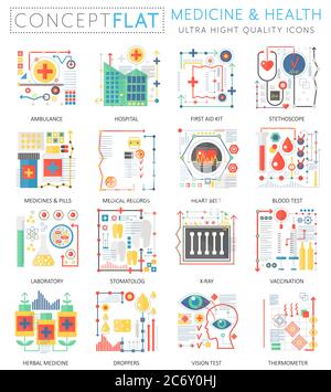 Infographics mini concept Medicine and health icons for web. Premium quality color conceptual flat design web graphics icons elements. Medicine health concepts Stock Vector