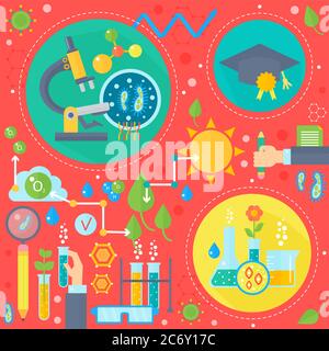 Flat design concept of science and technology. Scientific Research, Chemical Experiment infographics concept design, web elements, poster banners. Vector illustration Stock Vector