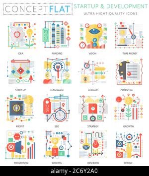 Infographics mini concept startup and development, computer protection icons for web. Premium quality color conceptual flat icons elements. Start-up and development concepts Stock Vector