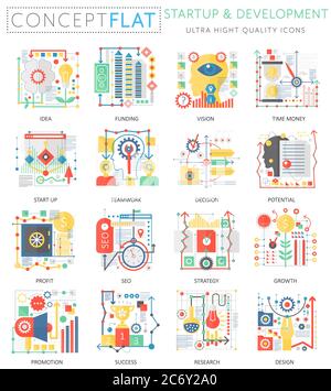 Infographics mini concept startup and development, computer protection icons for web. Premium quality color conceptual flat icons elements. Start-up and development concepts Stock Vector