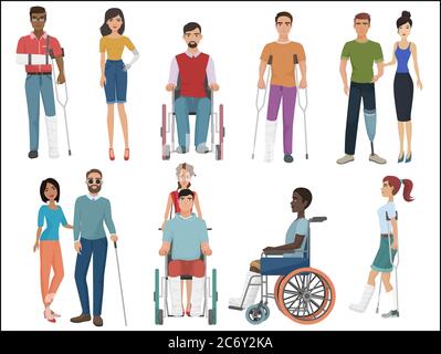 Disabled people with friends helping them set. Vector illustration Stock Vector