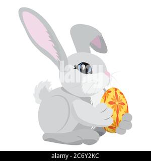 The gray rabbit holding a yellow and red colored Easter egg isolated on white Stock Vector