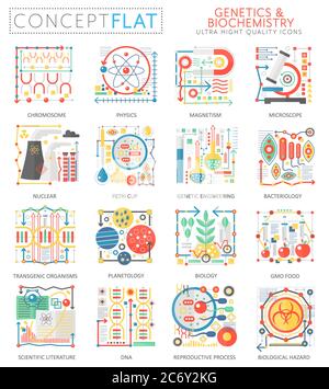 Infographics mini concept Genetics biochemistry icons for web. Premium quality color conceptual flat design web graphics icons elements. Genetics biochemistry technology concepts Stock Vector