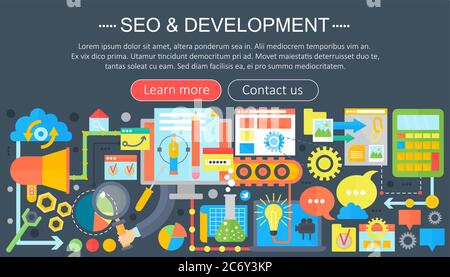 SEO and development concept design infographics template design, web header seo icons elements. Vector illustration Stock Vector