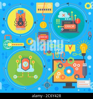 Online communication security, computer virus protection, cuber security infographics template icons in circles design, web elements, poster banners, Vector illustration Stock Vector
