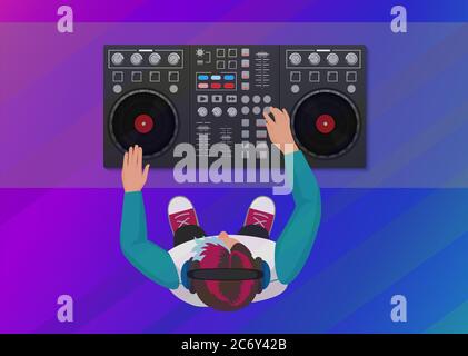 DJ playing vinyl on the neon color light background. Top view. DJ Interface workspace mixer console turntables. Night club concept. DJ young man Stock Vector