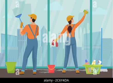 Cleaning team staff man and woman janitors cleaners cleaning windows with cleaning tools. City view skyscrapers Stock Vector
