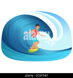 Young man riding a surfboard in the wave vector illustartion Stock Vector