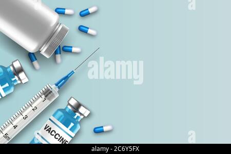 Realistic glass ampoules, jar for tablets and syringe. Vaccine injection Coronavirus Covid-19, novel coronavirus. Medical background. Vector Stock Vector