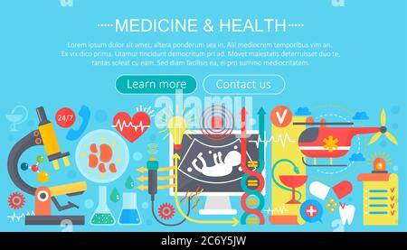 Medicine and health design concept set with healthcare devices infographics template design, web header elements, poster banner. Vector illustration Stock Vector