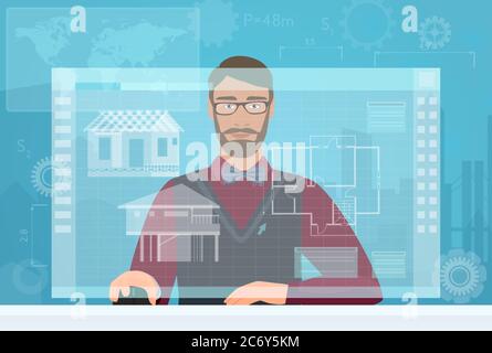 Architect builder man working using virtual media interface. Engineer working with building plan virtual screen drawing Stock Vector