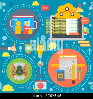 Web design and mobile phone services apps flat concept. Icons for web design, web application development. Programming infographics template design. Vector illustration Stock Vector