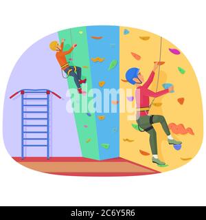 Two people climbing on a rock-climbing wall vector illustration Stock Vector