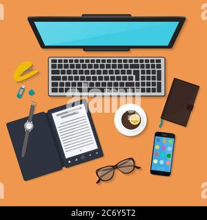Realistic technology workplace organization. Top view of color work desk with laptop, reader, smartphone, tablet pc, diary, glasses, and coffee mug Stock Vector