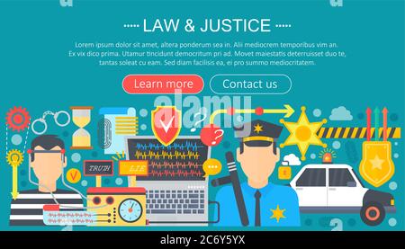 Law and justice design concept with justice icons infographics template design, web header elements, poster banner. Crime Vector illustration Stock Vector